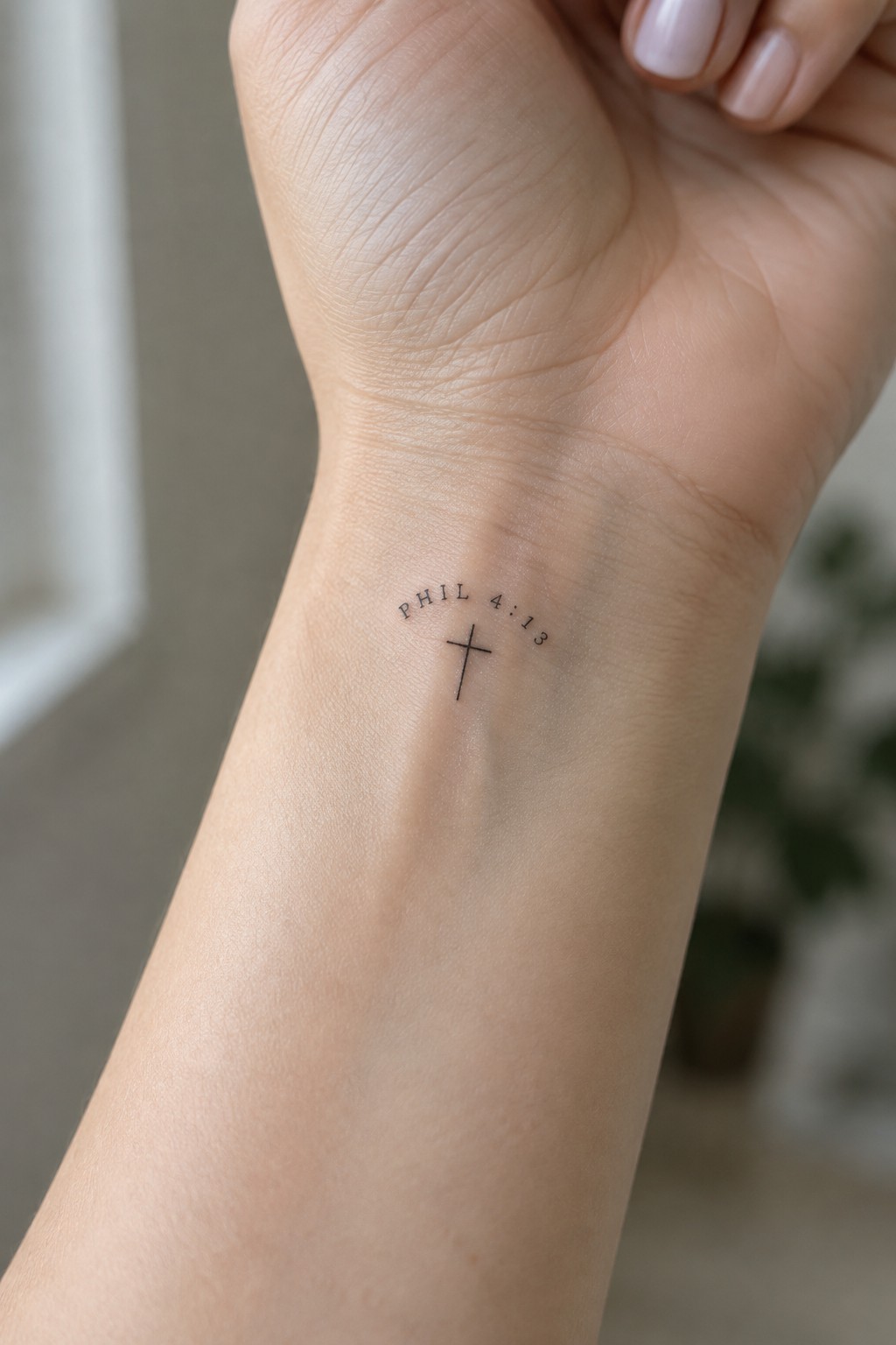 Clenched hand with small black cross tattoo and arched PHIL 4:13 text on wrist