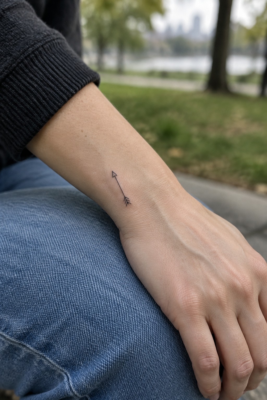 A small fine-line black arrow tattoo on the inner wrist above a hand resting on blue jeans.