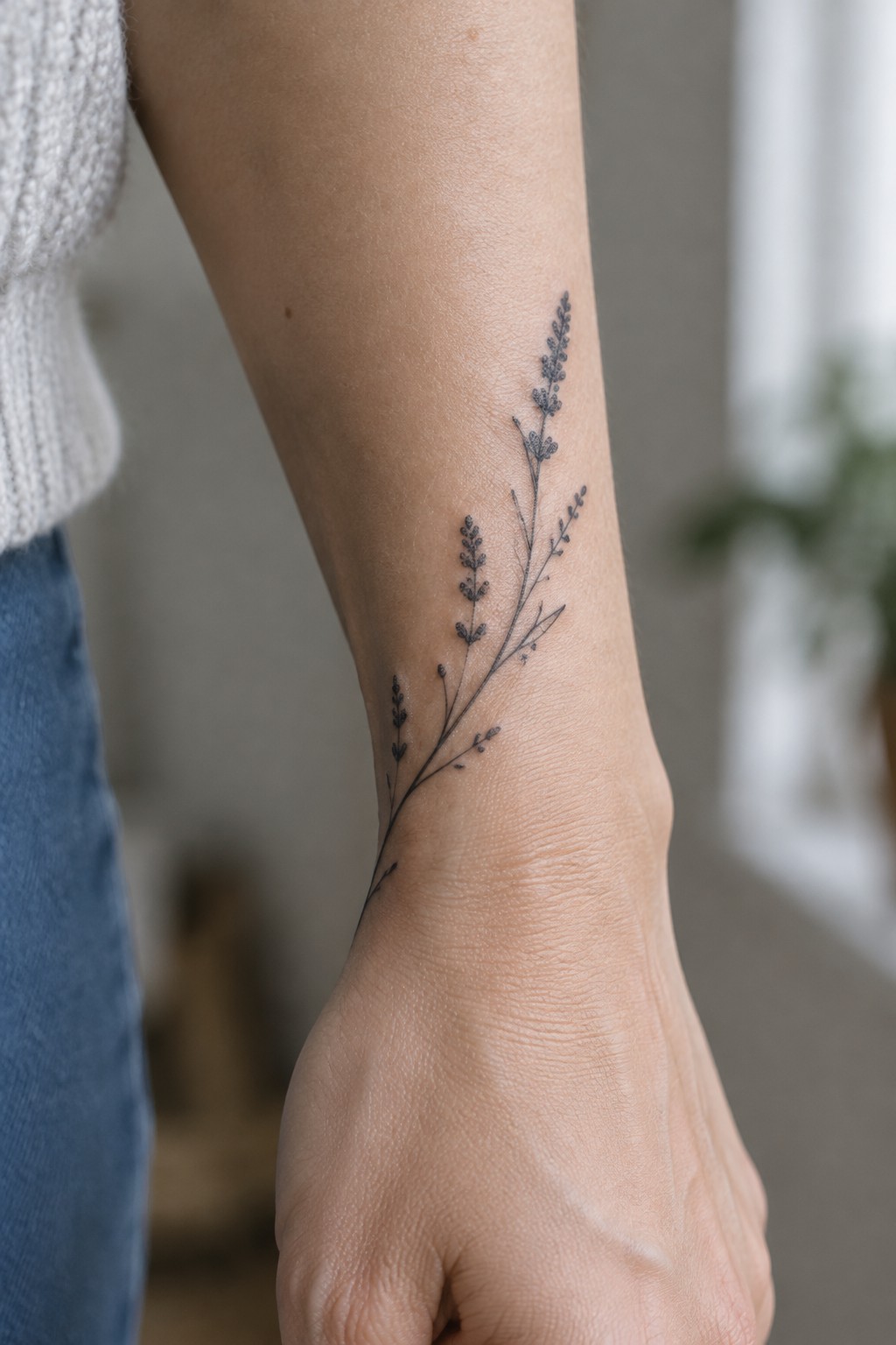 Fine-line black botanical tattoo with small flower sprigs running from the inner wrist up the forearm.