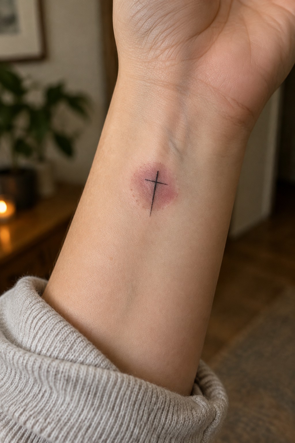Small black fine-line cross tattoo with muted reddish shading on the inner wrist.