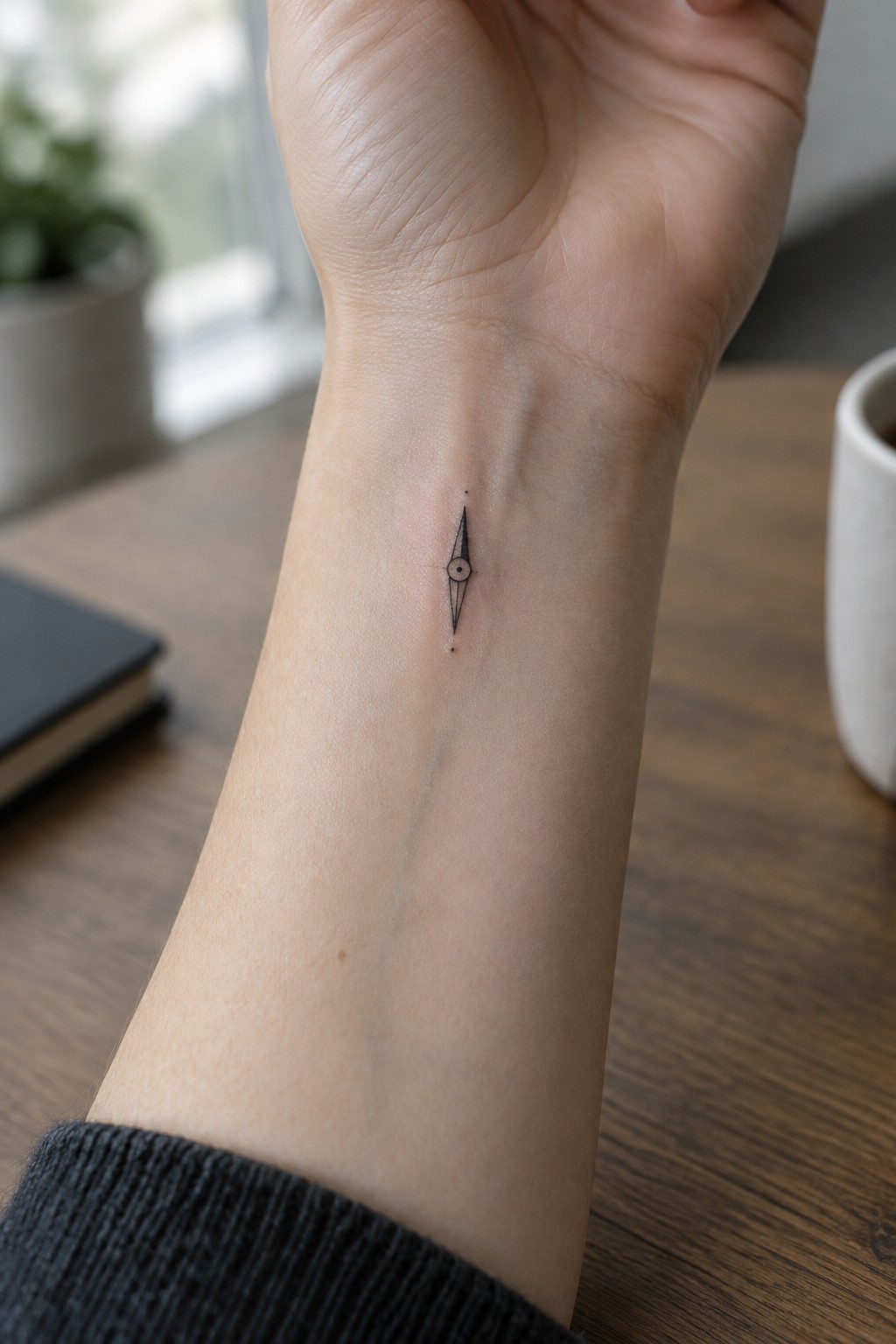 Small fine-line compass tattoo with a central circle on the inner wrist.