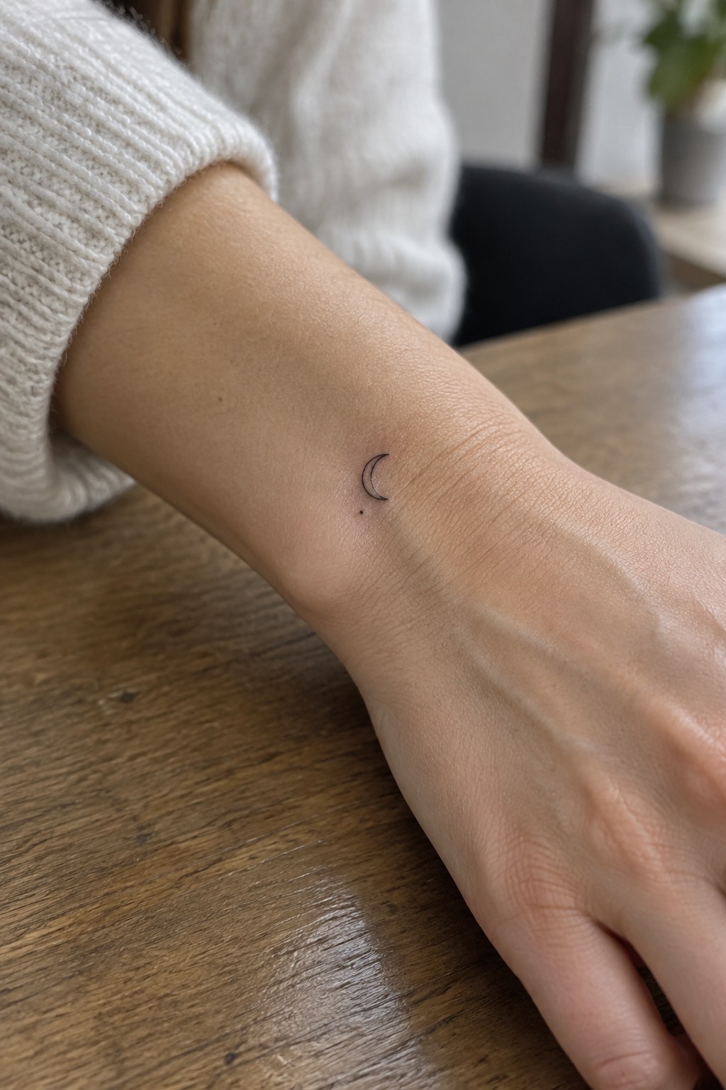 Small fine-line crescent moon tattoo with a dot beneath it on the inner wrist.