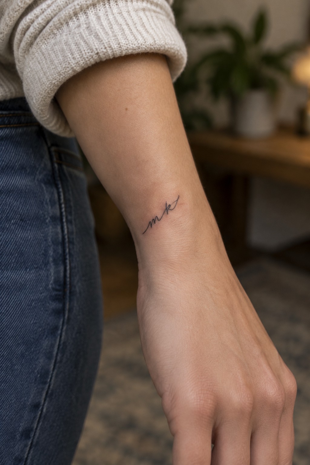 Small fine-line cursive script tattoo on the inner wrist of a person wearing a cream sweater and blue jeans.