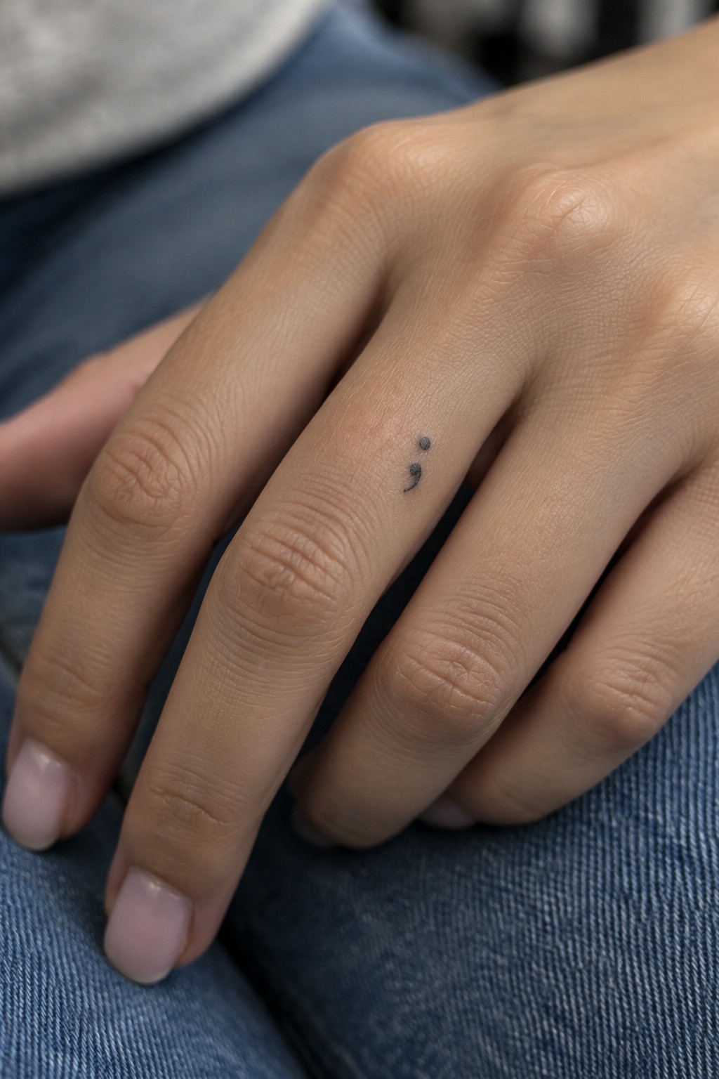 Close-up of a small black semicolon tattoo on the side of a finger.