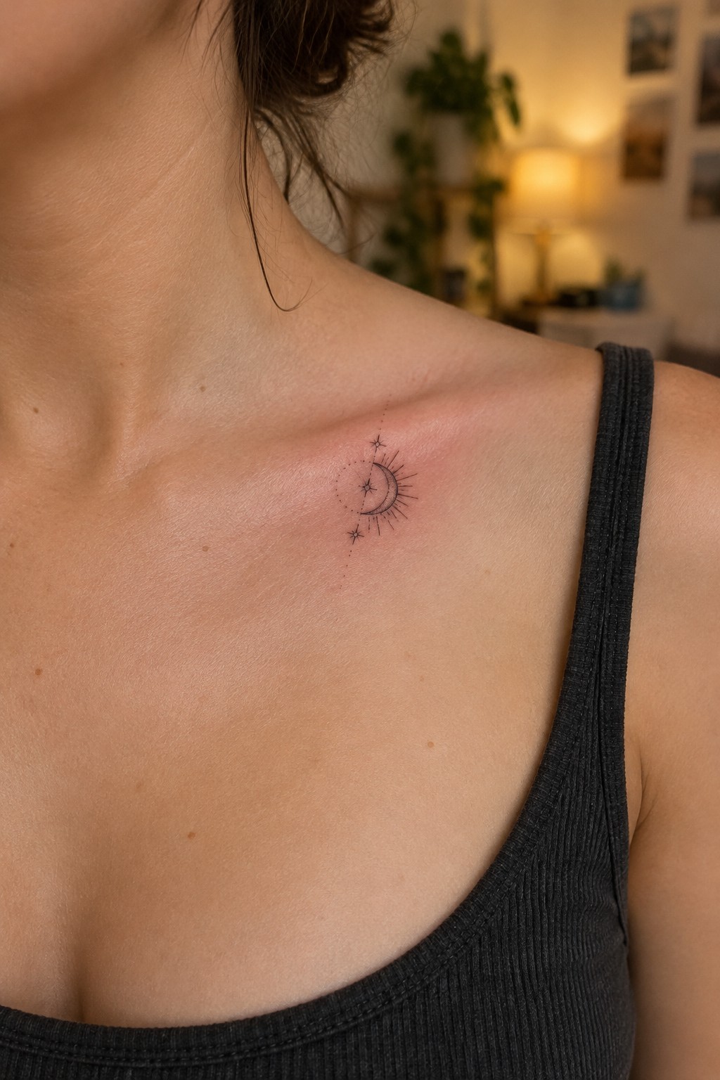 Tiny fine-line crescent moon and star tattoo on a woman’s collarbone, with delicate rays and dotted details.