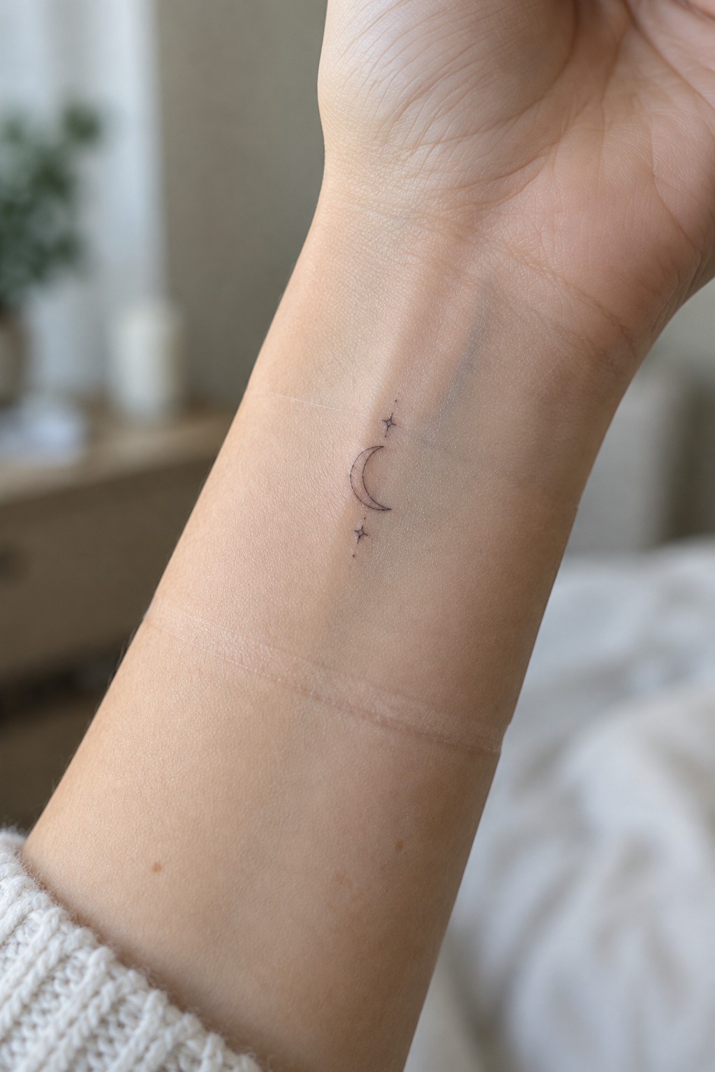 Small fine-line crescent moon tattoo with a tiny star above and below it on the inner wrist.