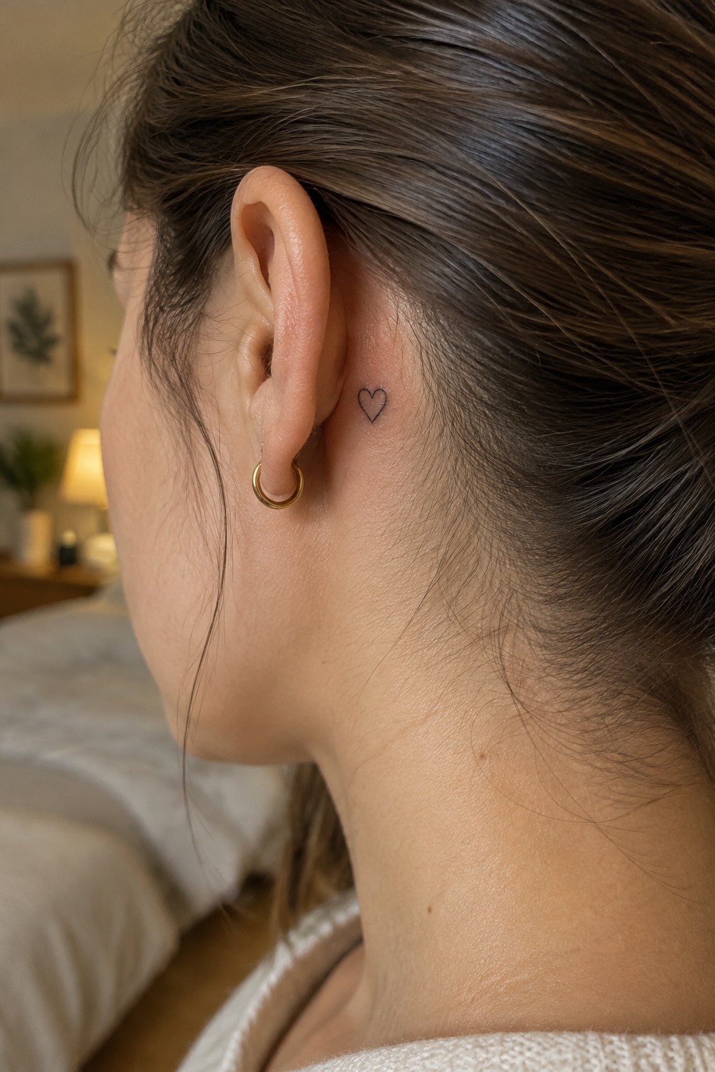 Small black outline heart tattoo behind a woman’s ear, next to a gold hoop earring.