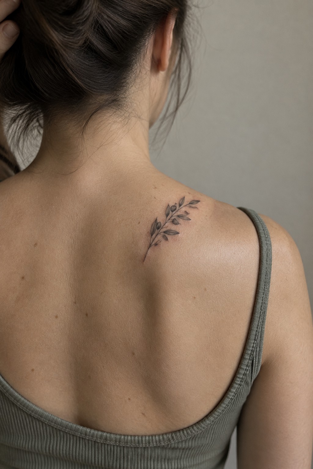 Small fine-line leafy branch tattoo on a woman’s upper back near the shoulder.