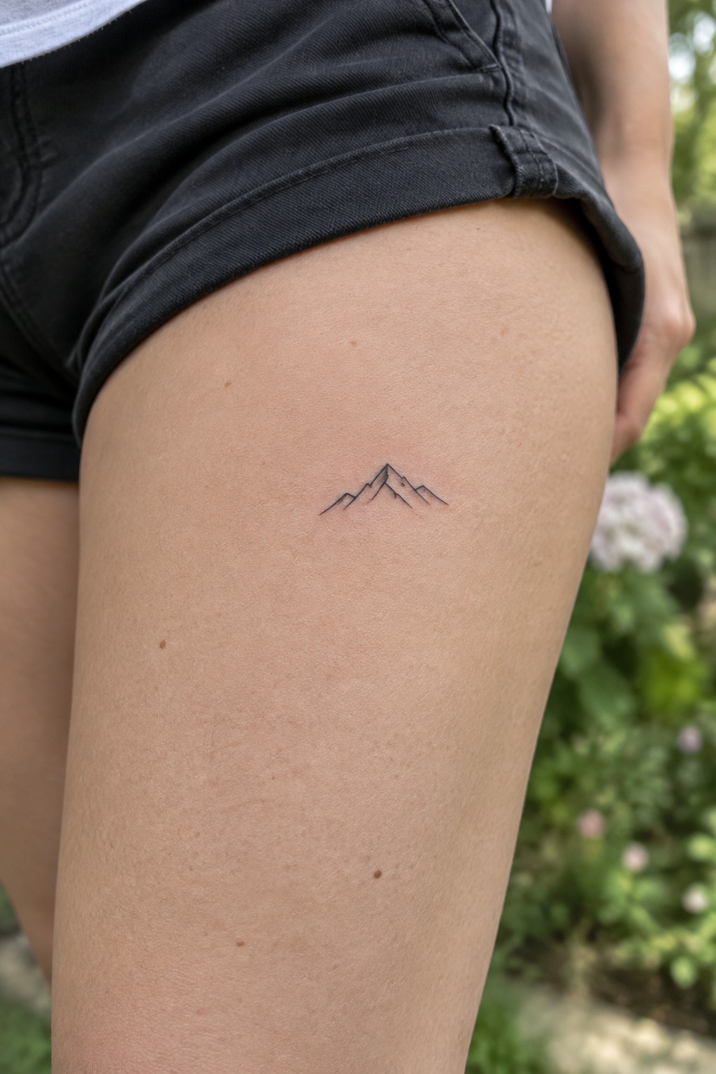 Small fine-line mountain range tattoo on the upper outer thigh.