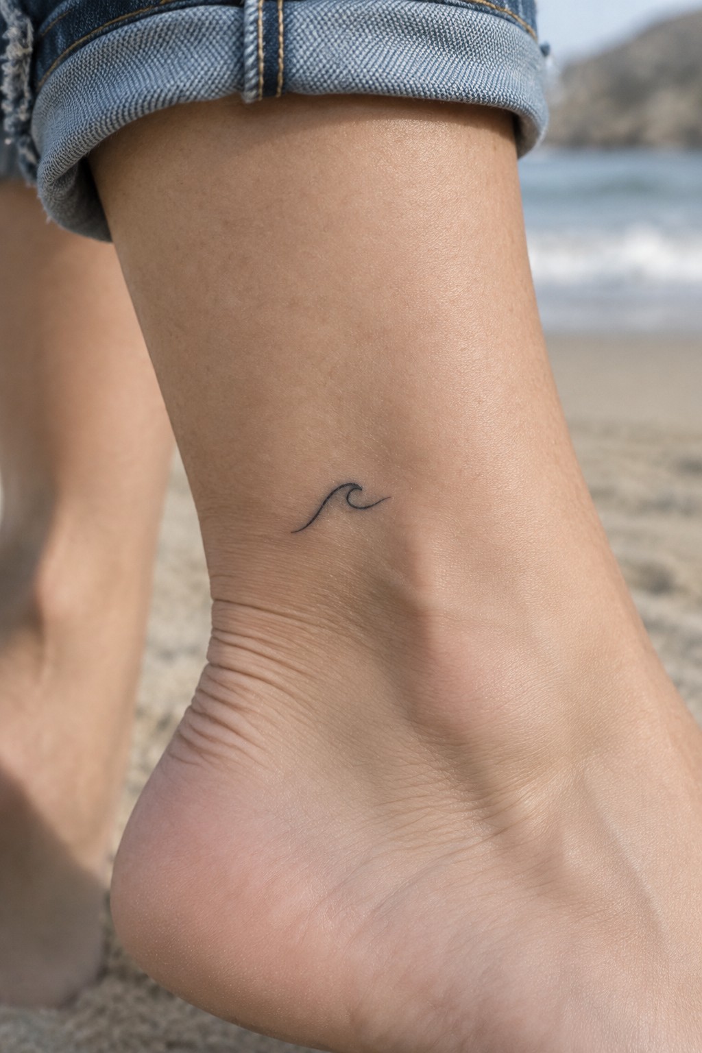 Small fine-line black wave tattoo above the heel on a person’s ankle at the beach.