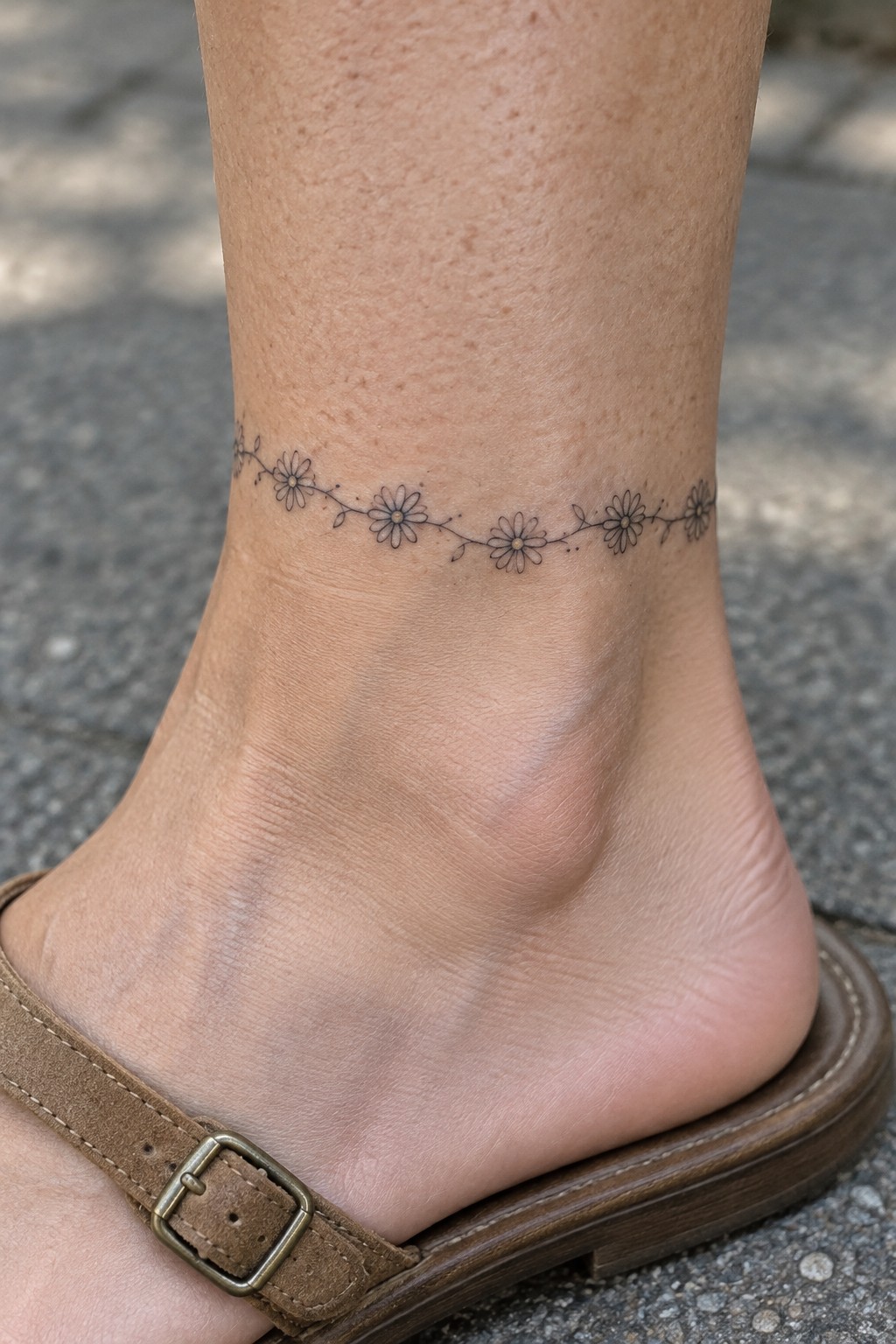 Daisy chain tattoo encircling ankle above brown buckled sandal on pavement