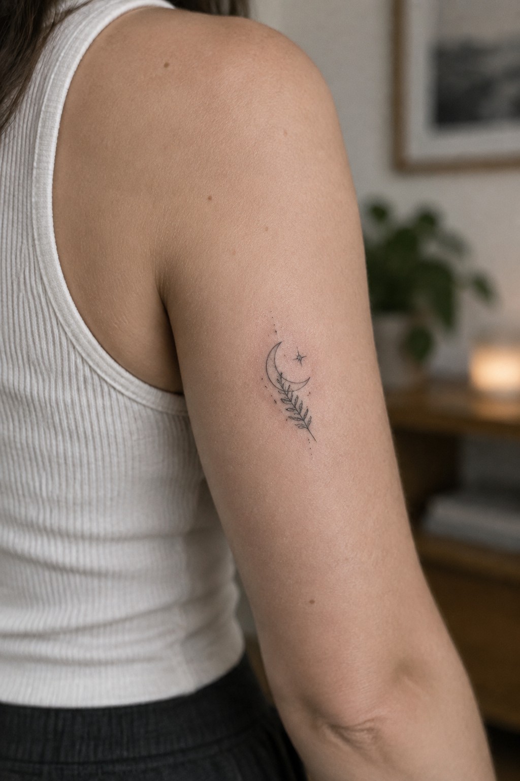 Woman's upper arm with crescent moon, star, and leafy branch tattoo on white tank top