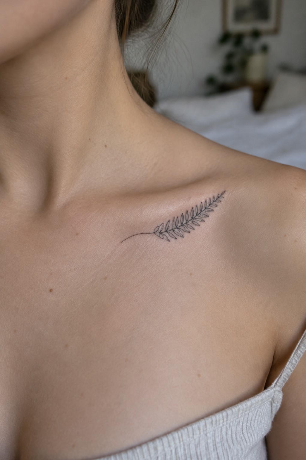 Fine line black fern tattoo on bare shoulder above white tank top