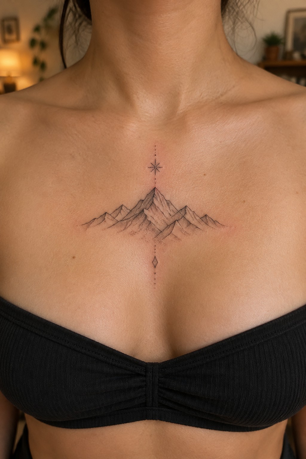 Fine line tattoo of a mountain range with a star above and diamond below centered on a woman's chest