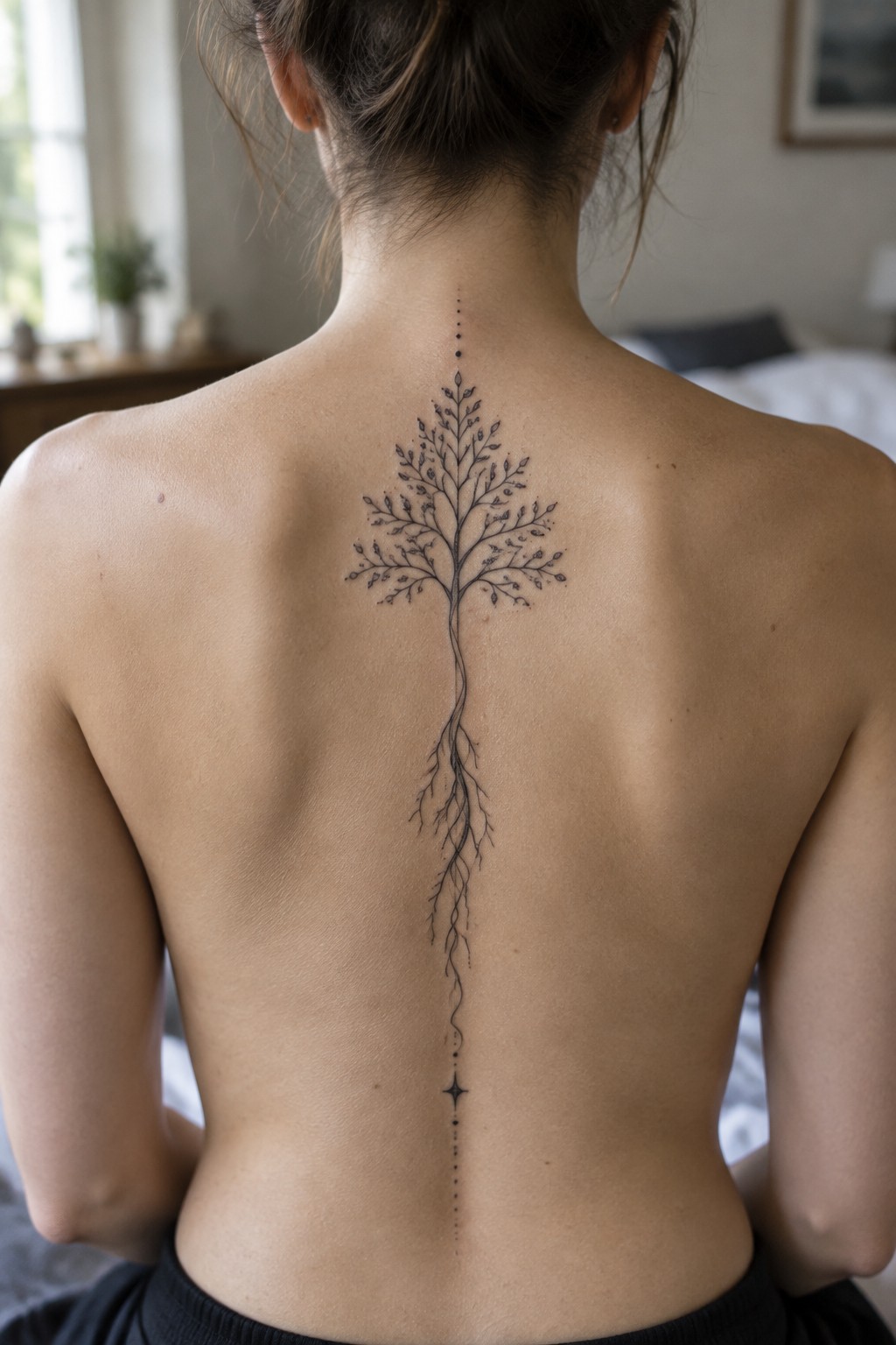 Fine line tree tattoo with branches on the upper back and roots extending down the spine of a woman.