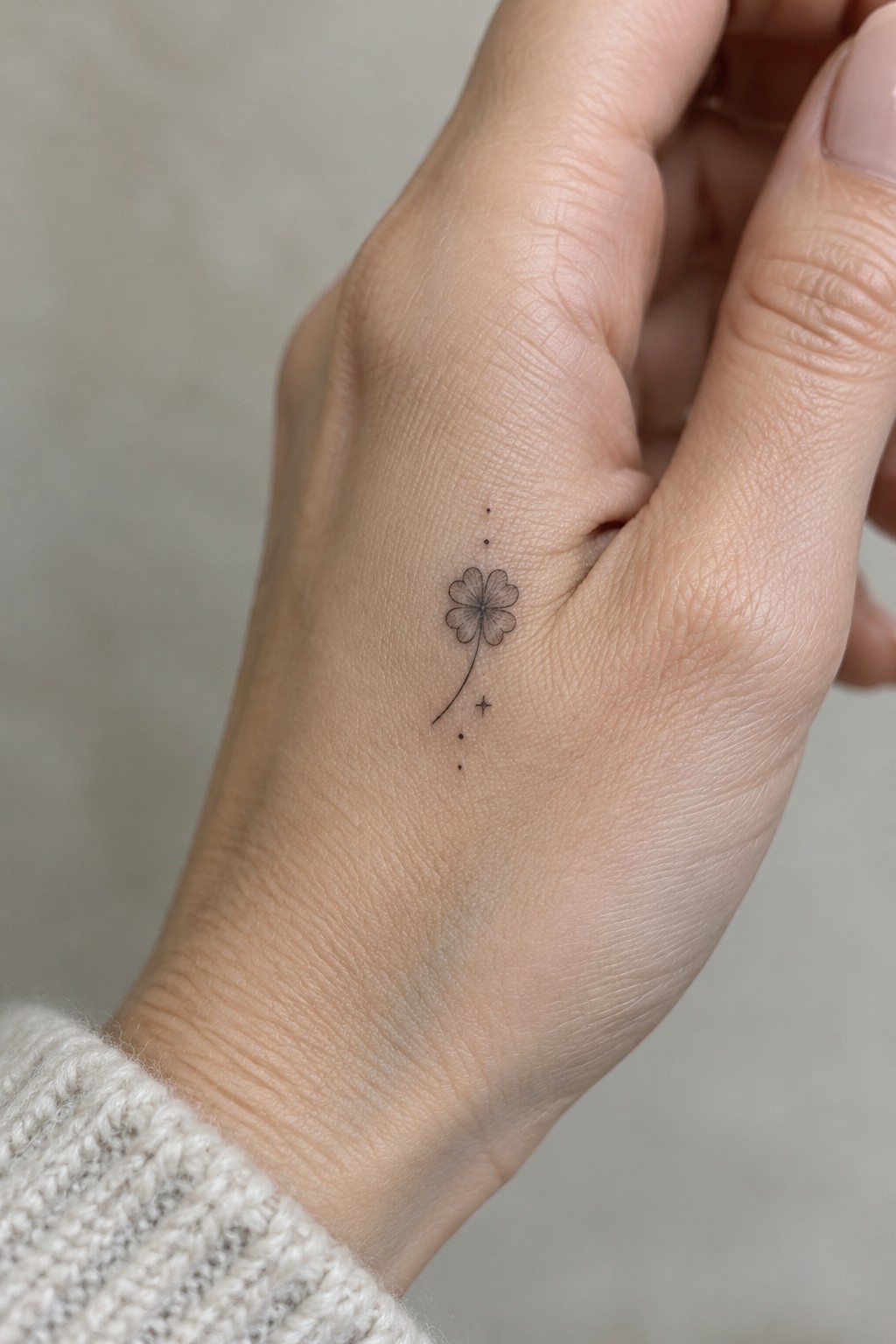 Fine line tattoo of a four leaf clover with a long stem and scattered dots on the side of a hand