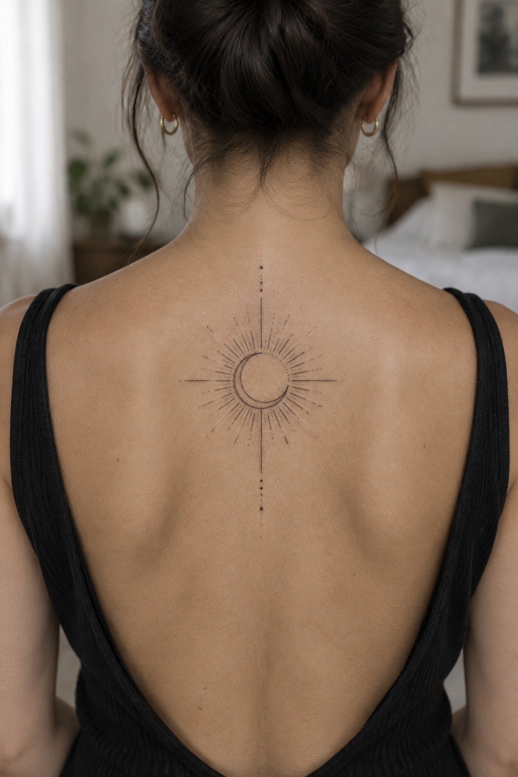 Woman's back with sunburst crescent moon tattoo over black open-back top
