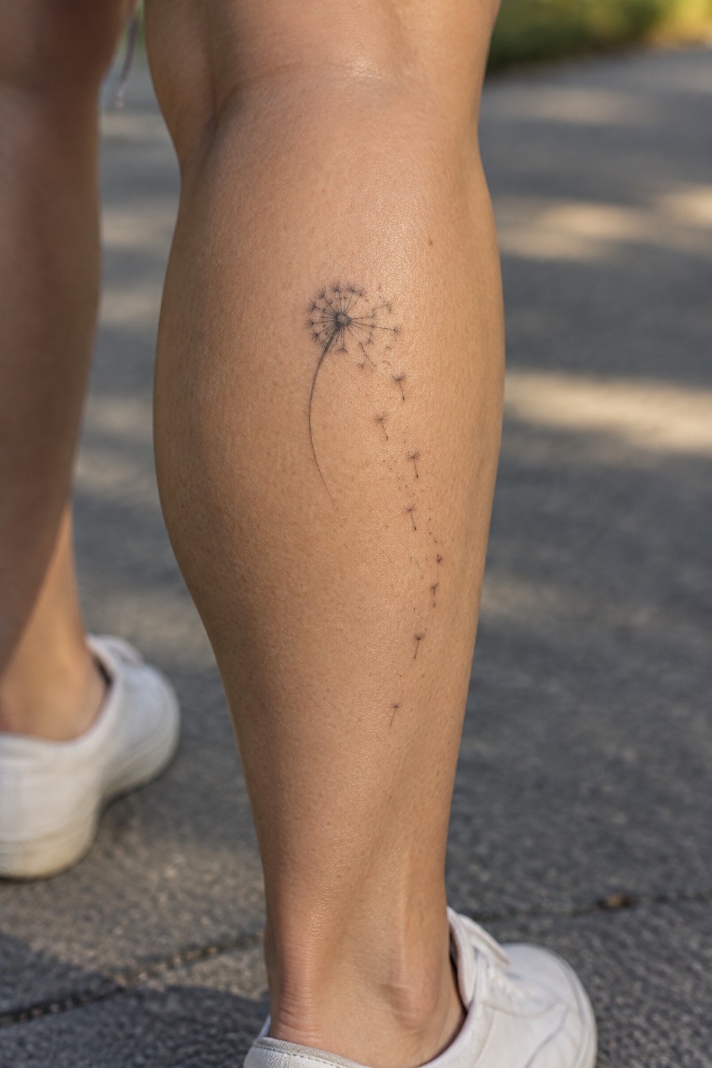 Dandelion tattoo with dispersing seeds on shin above white sneakers on pavement