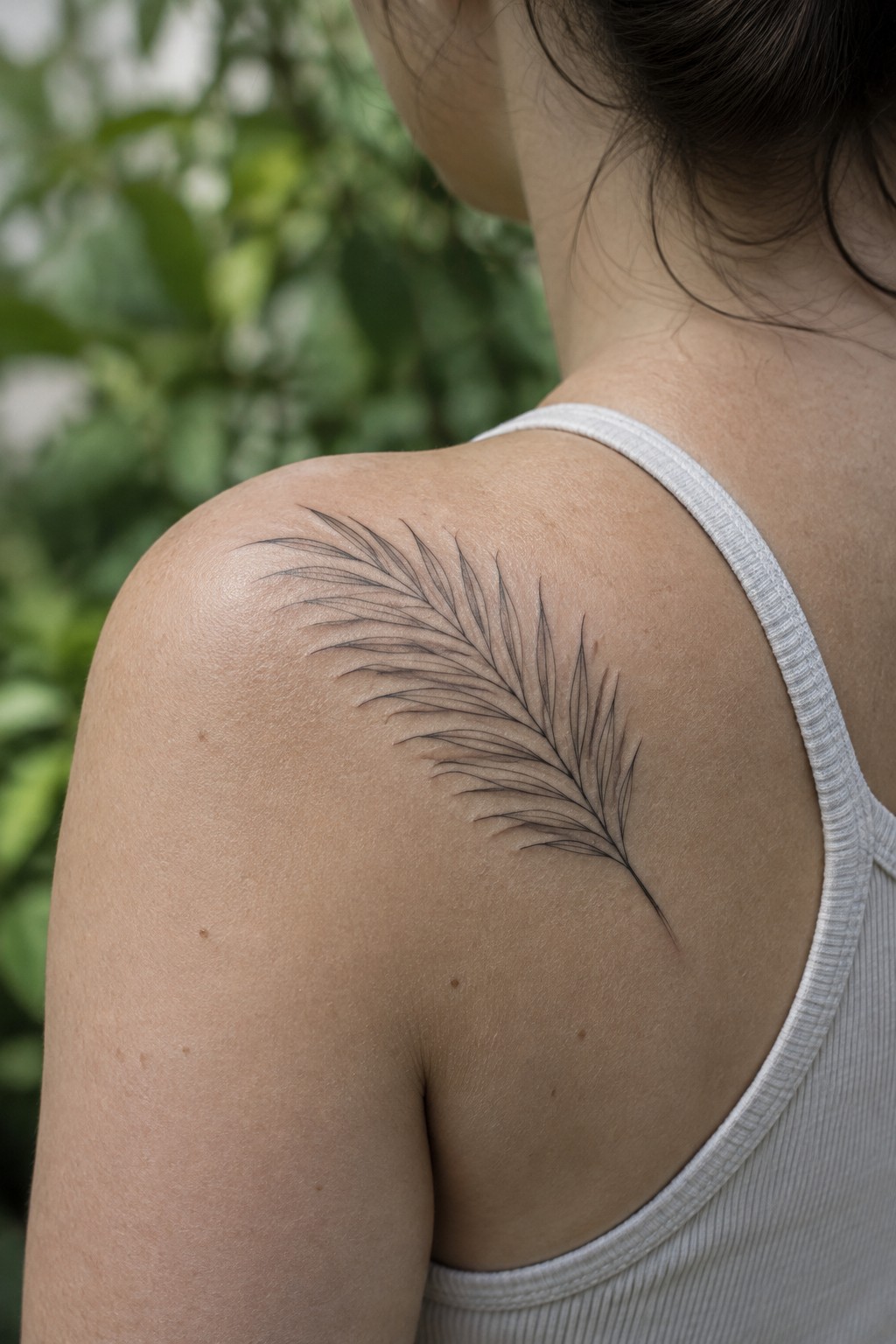 Woman's shoulder with black feather tattoo and white tank top against green leaves.