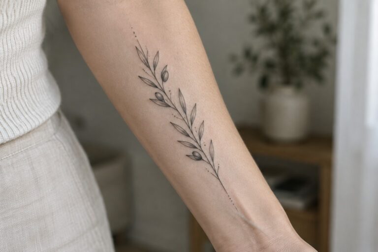 19 Fine-Line Tattoos for Women Featuring Minimalist Nature Motifs Fine line olive branch tattoo with leaves and small olives running down the inner forearm