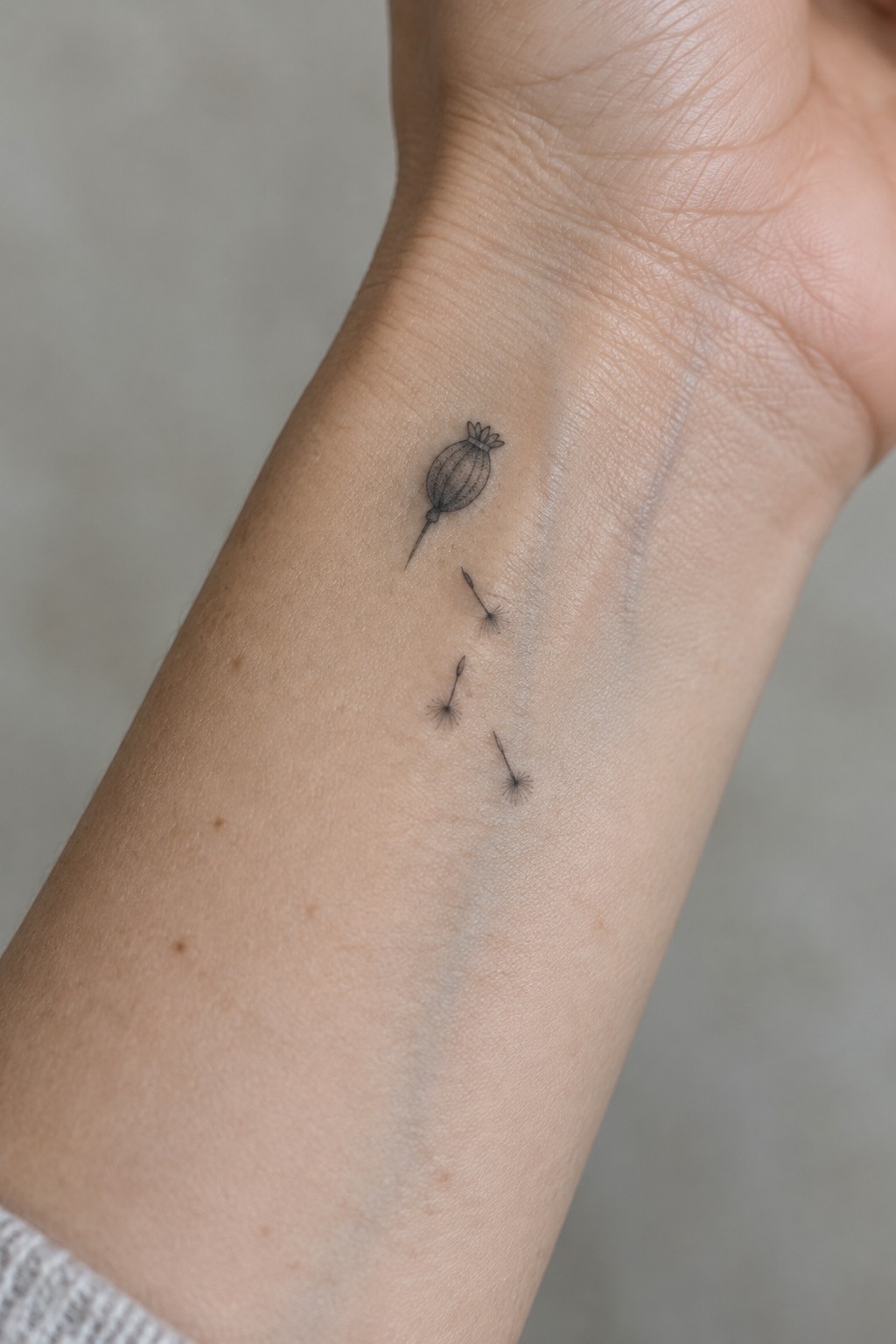 Fine line tattoo of a small poppy capsule with three floating seeds arranged vertically on the inner wrist.