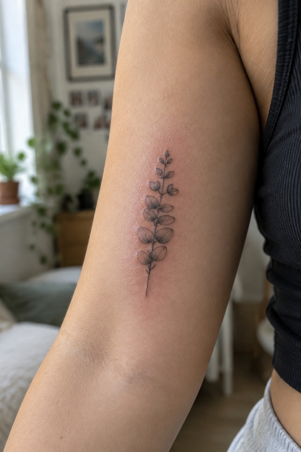 Fine line tattoo of a single leafy stem on the upper arm