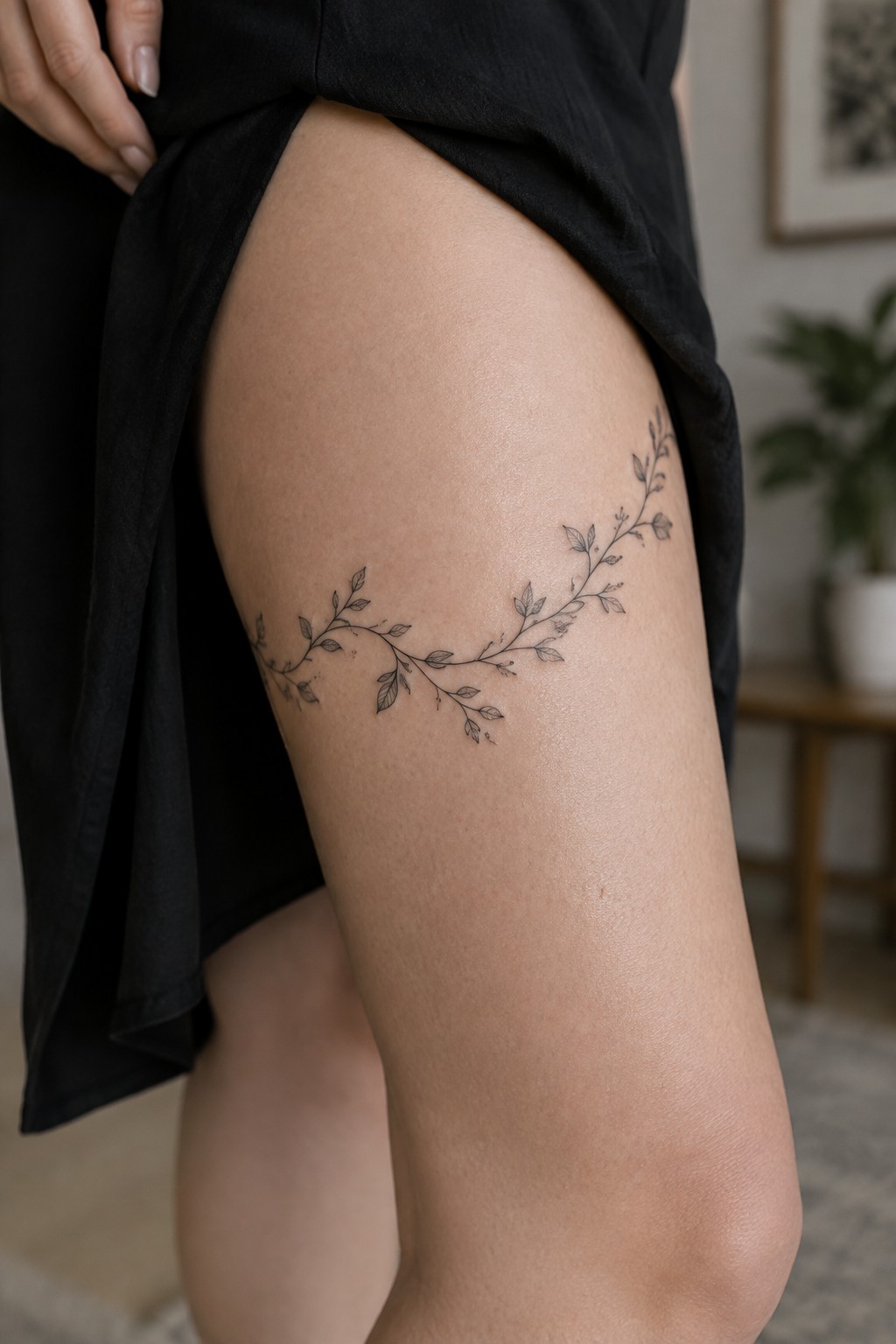 Black skirt lifted to reveal leafy vine tattoo on thigh.