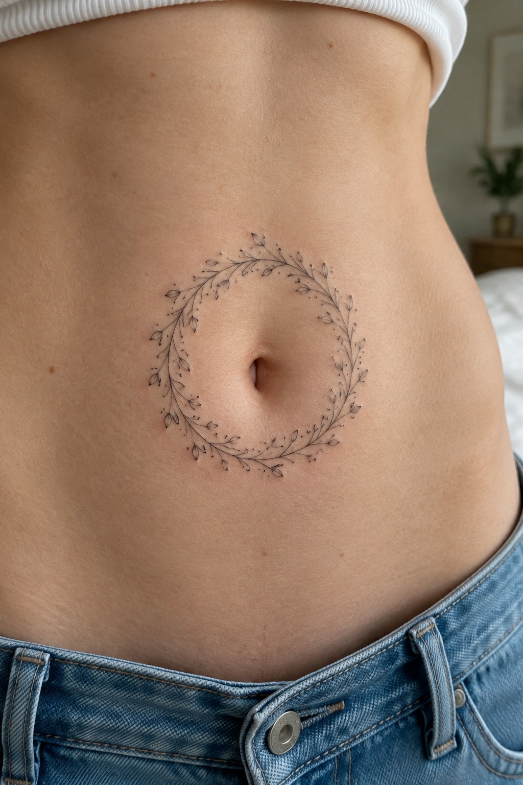 Circular leaf wreath tattoo around navel on bare midriff above blue jeans.