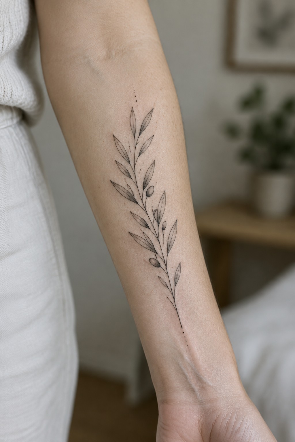 Fine line olive branch tattoo with leaves and small olives running down the inner forearm