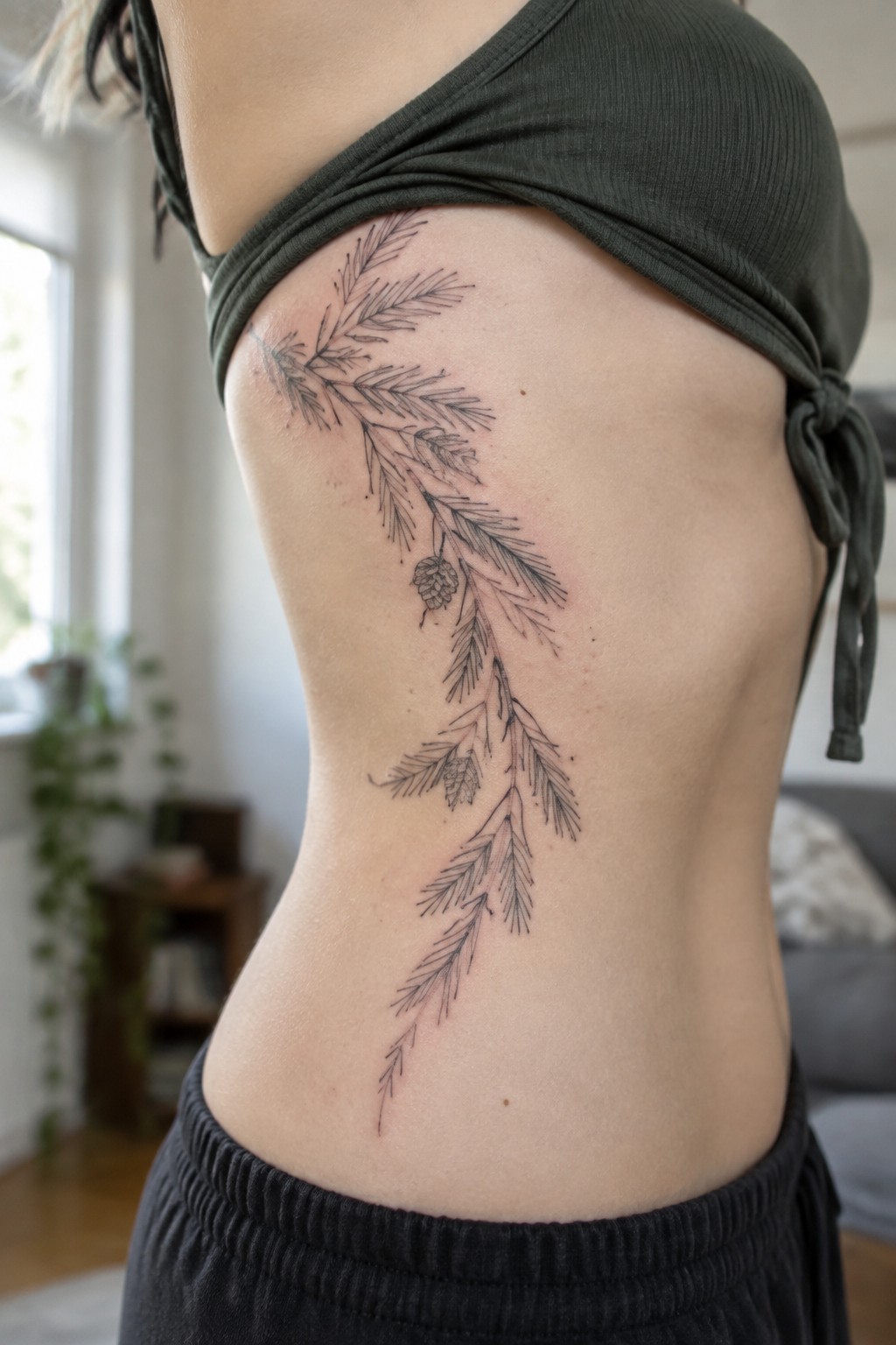 Black pine branch tattoo with cones on side under green tied top