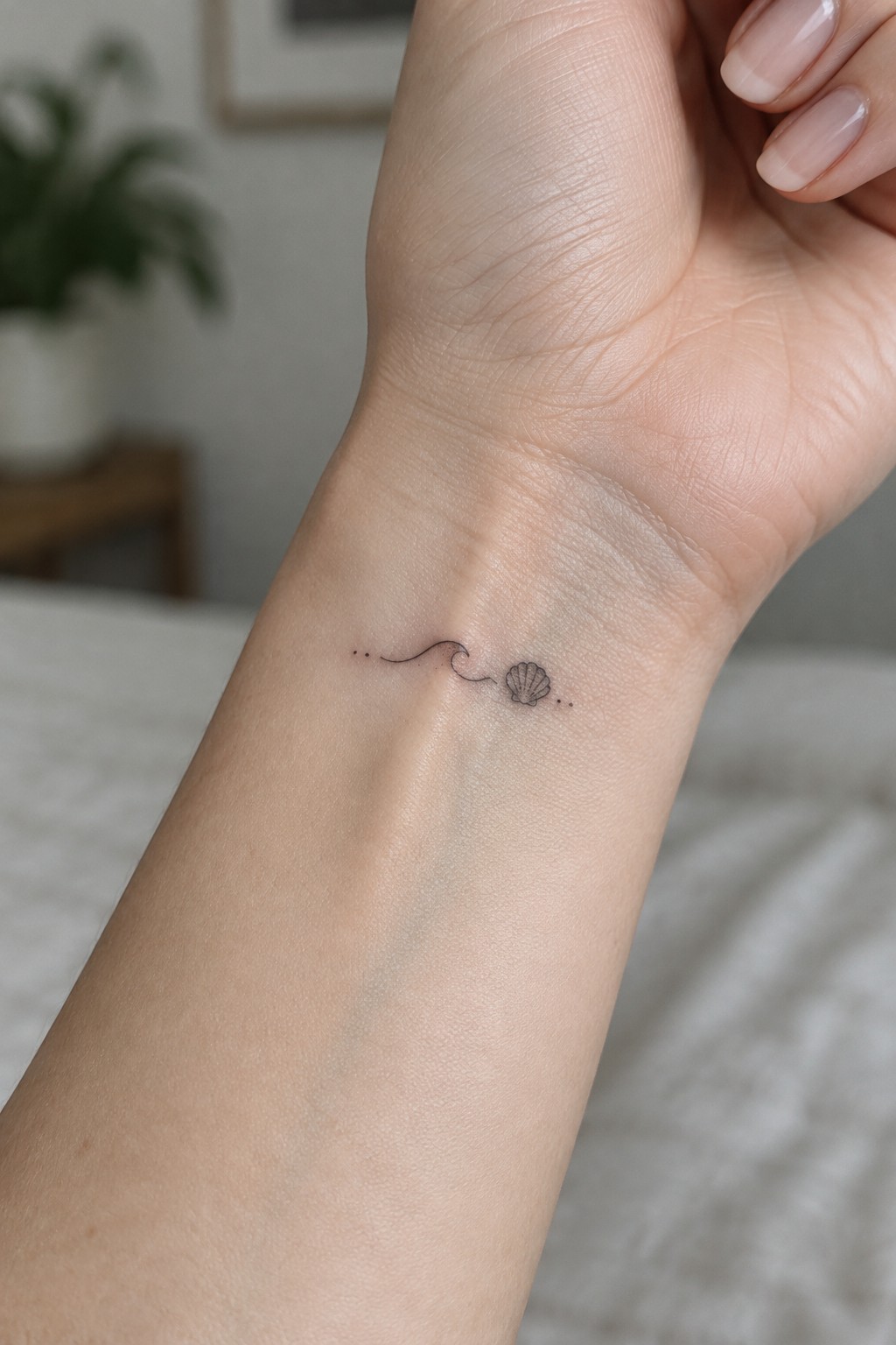 Small wave and seashell tattoo on inner wrist with dotted lines