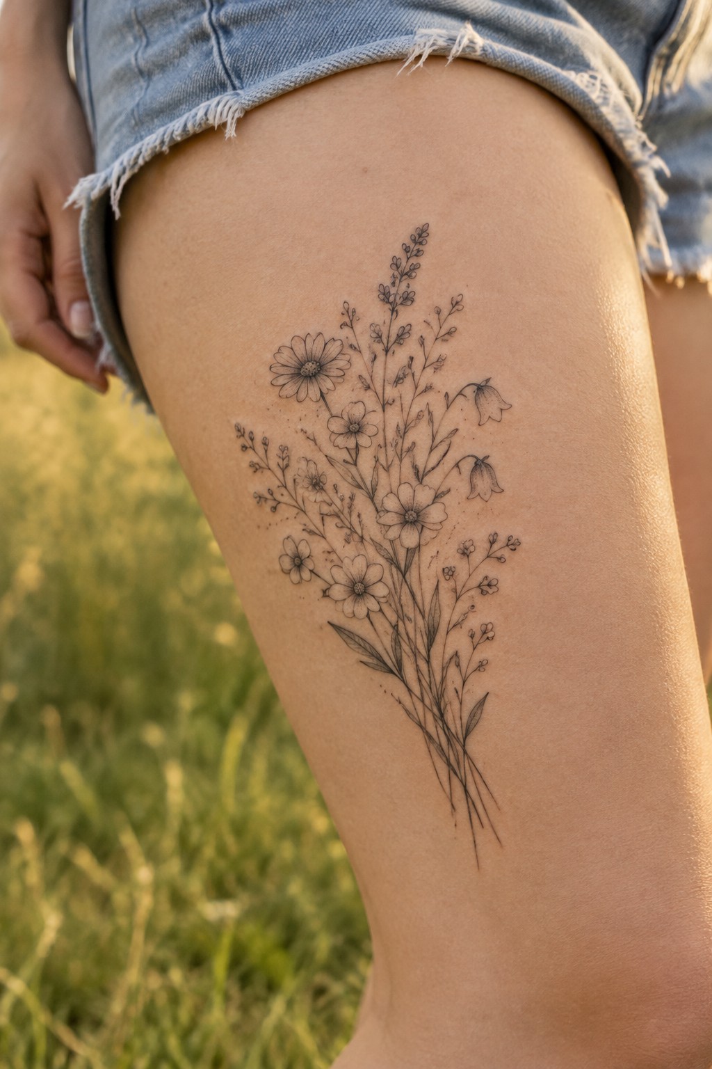 Black ink wildflower bouquet tattoo on thigh beneath frayed denim shorts.