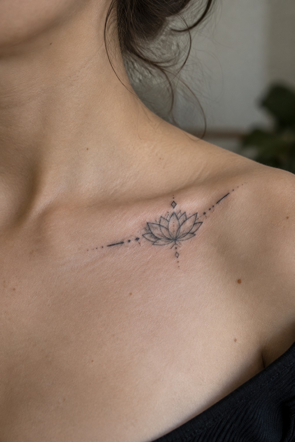 Small fine-line lotus tattoo with dotted geometric accents placed along a woman’s collarbone.
