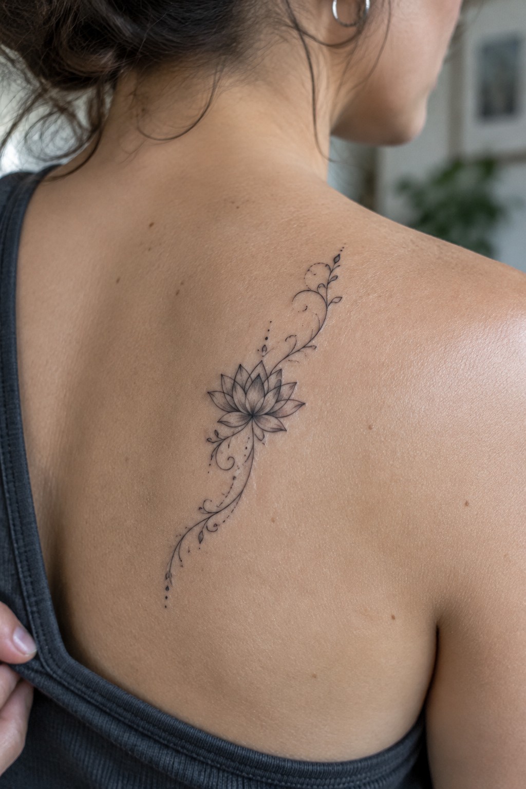 Fine-line lotus flower tattoo with curling vine details running vertically along a woman’s upper back.