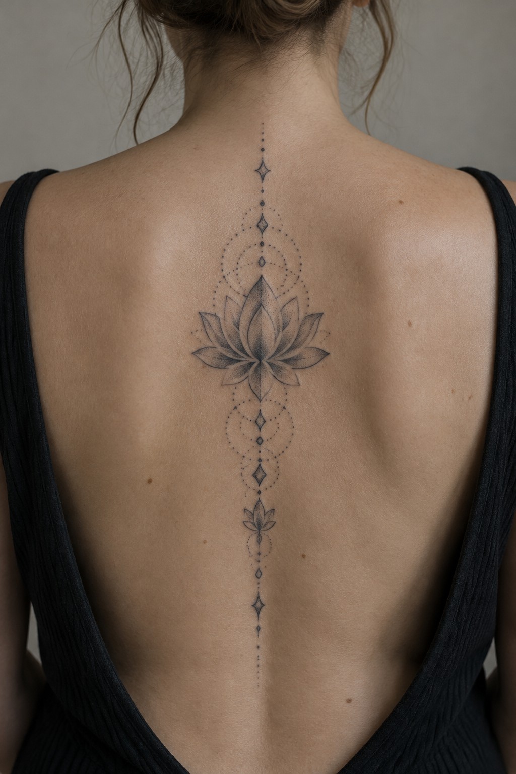 Vertical fine-line lotus tattoo with dotted geometric details running down the center of a woman’s back.