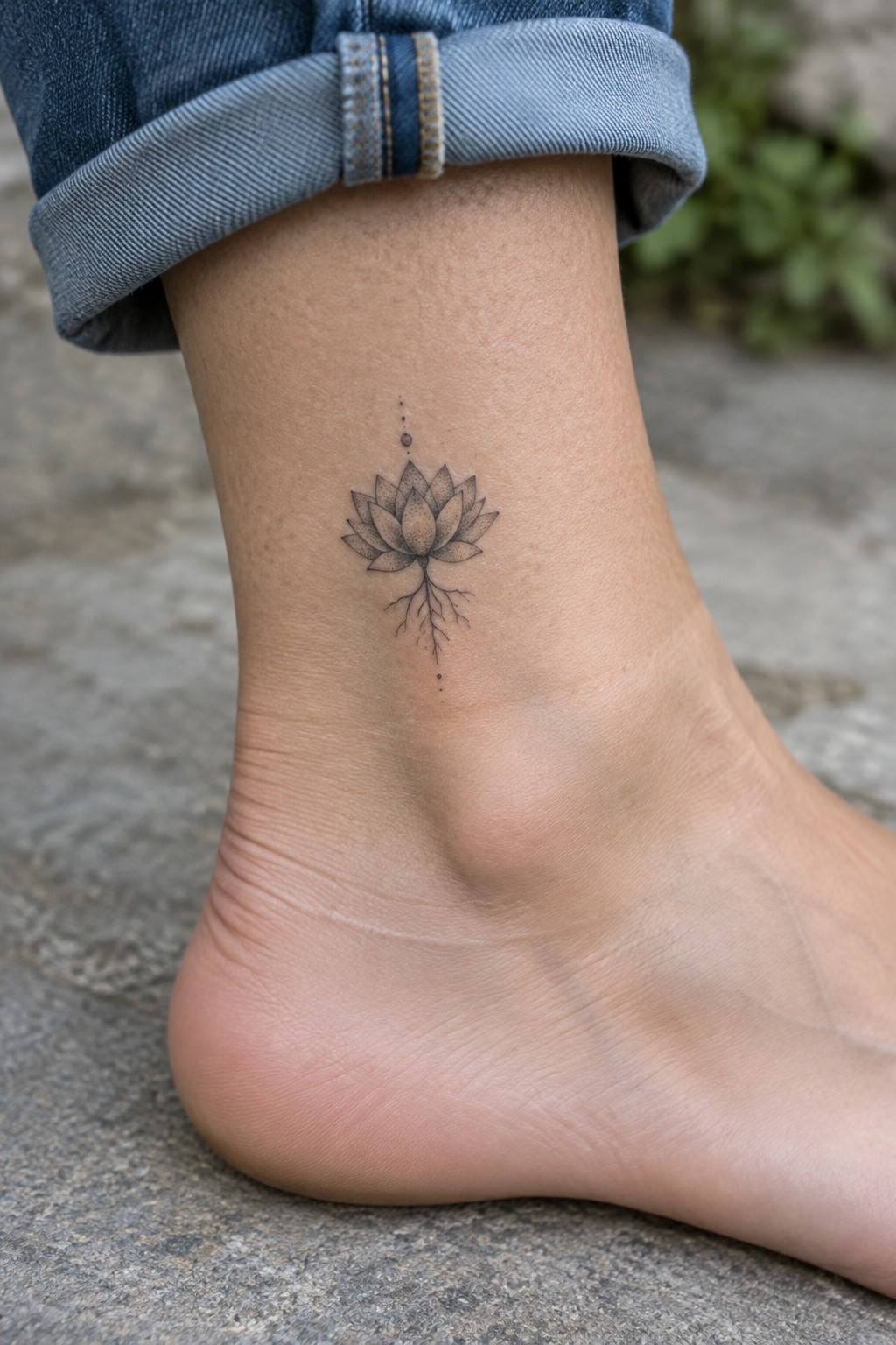 Fine-line lotus flower tattoo with branching roots on the inner ankle, just above the heel.