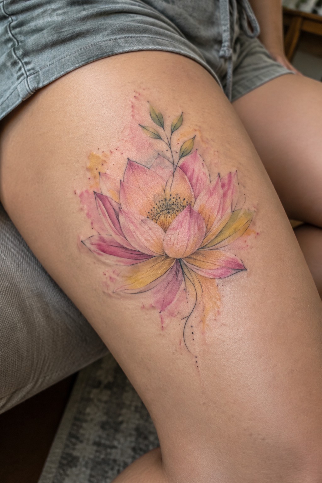 Large pink and yellow watercolor lotus tattoo with fine leaves and a flowing stem on the upper thigh.
