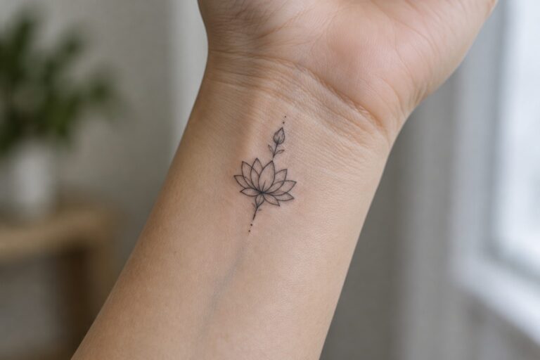 Fine-line lotus flower tattoo with a small bud and dotted accents on the inner wrist.
