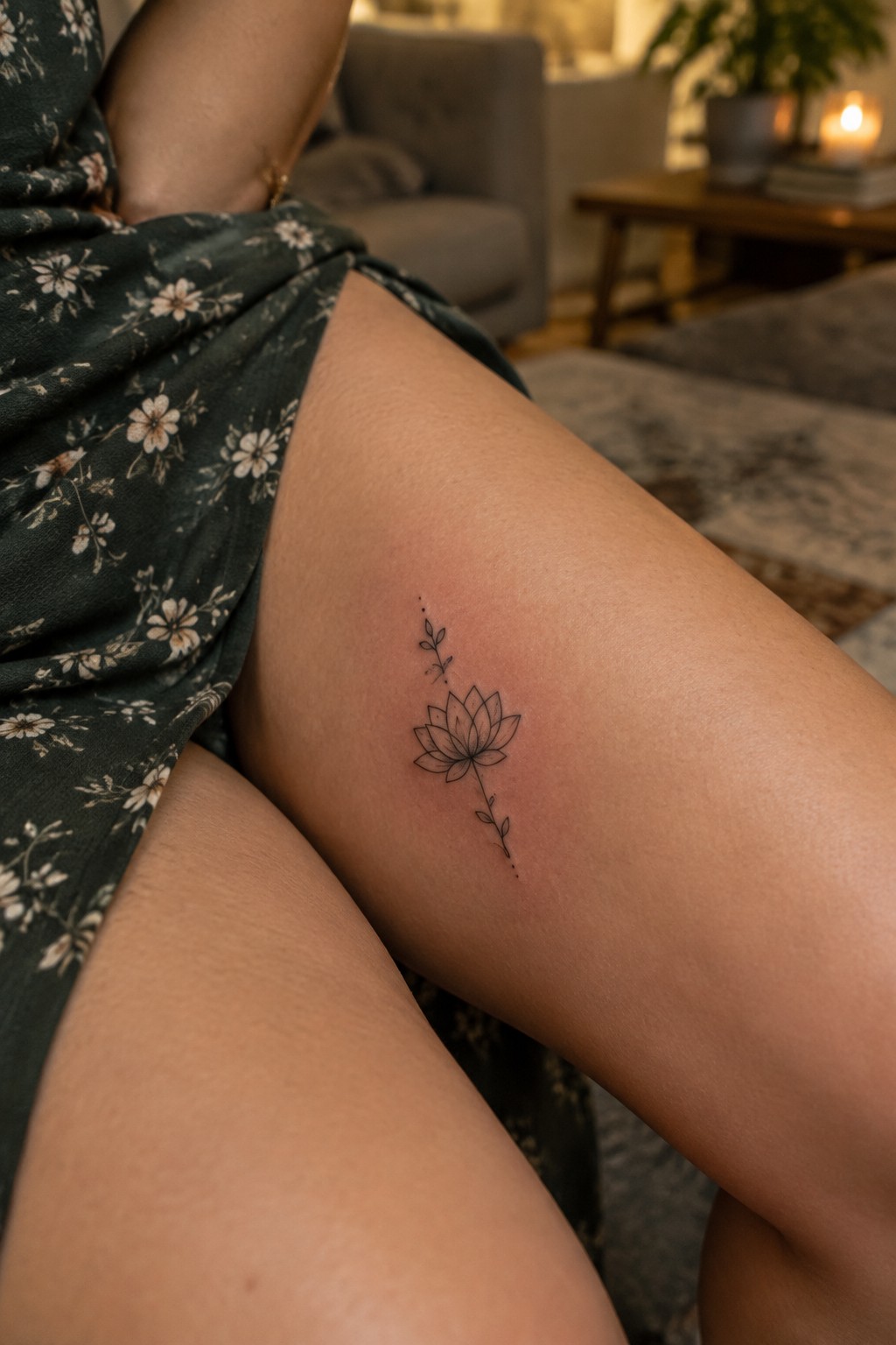 Fine-line lotus flower tattoo with small leafy sprigs and dots on the outer thigh.