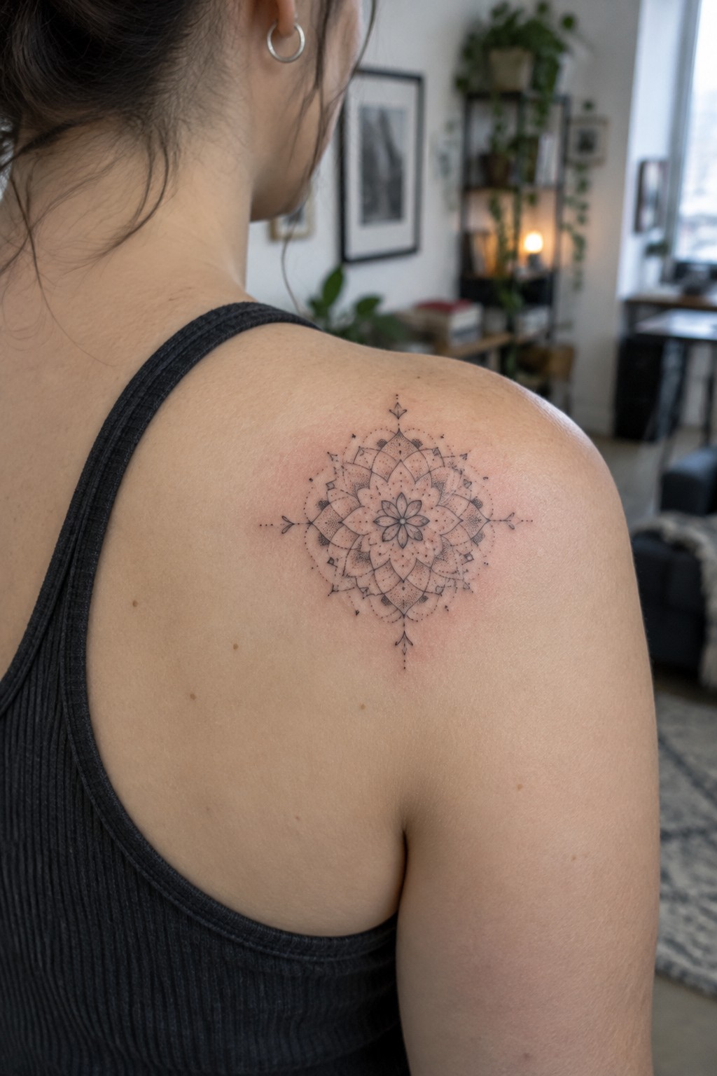 Woman's shoulder with intricate mandala tattoo above black ribbed tank top indoors