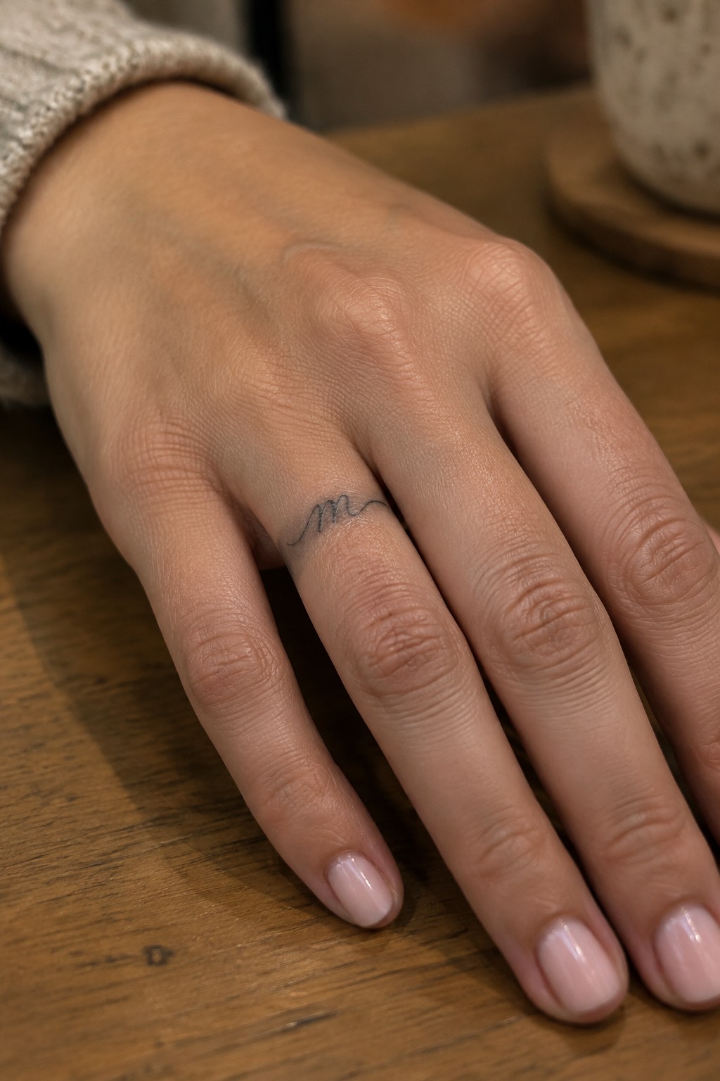 Close up of a small cursive letter m tattoo on the inner side of a ring finger resting on a wooden table
