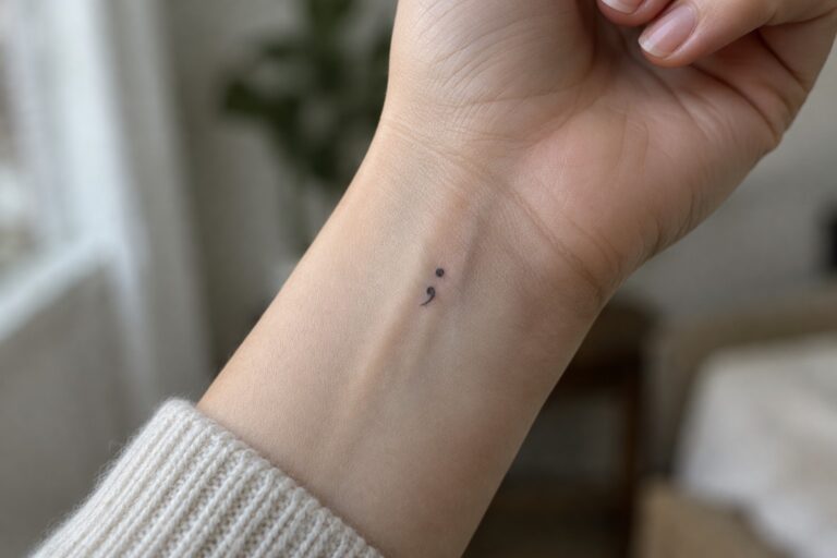 Semicolon tattoo on pale inner wrist above white knit sweater cuff with pink nails