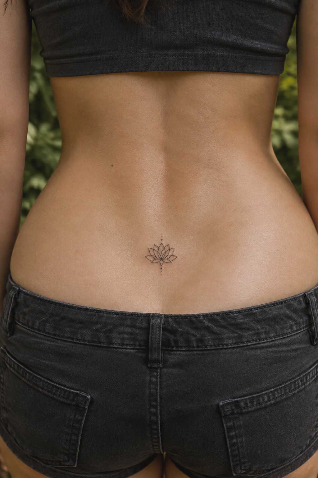 Small lotus flower tattoo centered on the lower back above black shorts