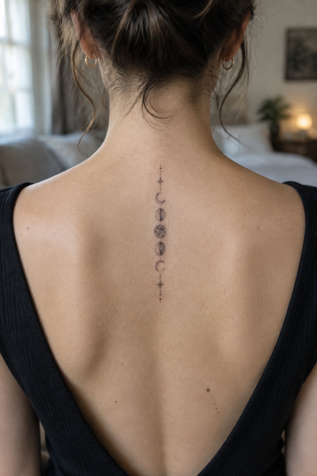 Vertical moon phase tattoo aligned along the spine on a woman's upper back in minimalist black ink style