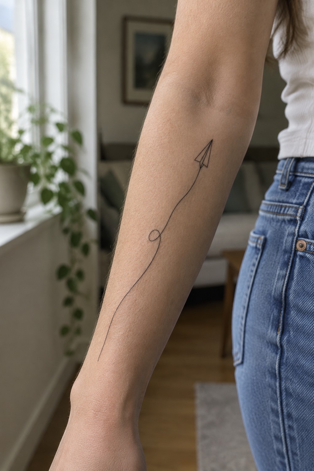 Person's forearm with minimalist paper airplane tattoo and long looping trail line.