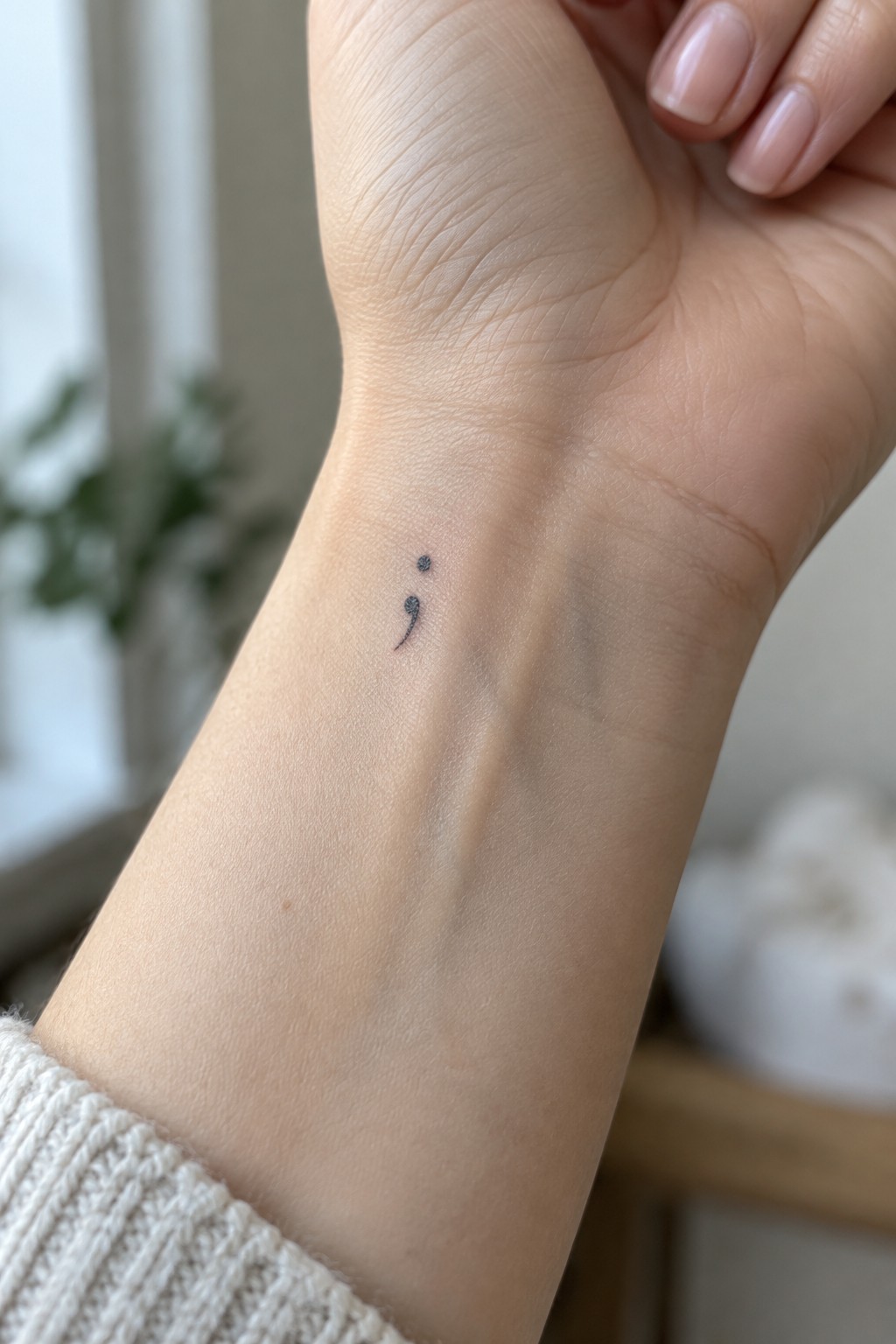 Semicolon tattoo on pale inner wrist above white knit sweater cuff with pink nails