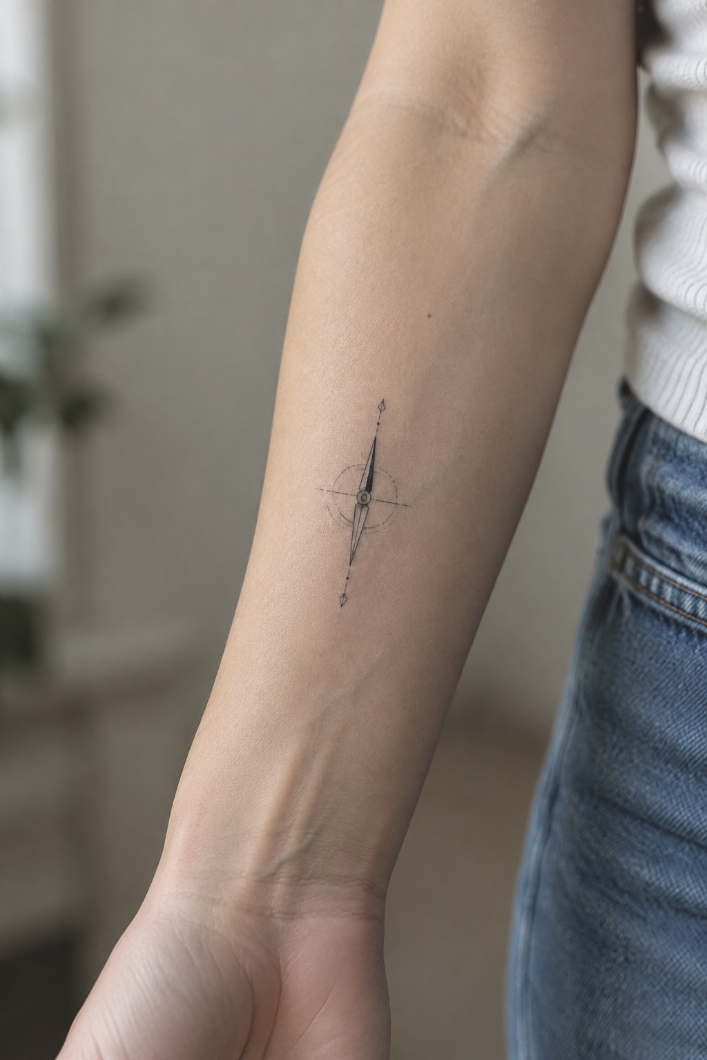 Minimalist black ink compass tattoo on the inner forearm