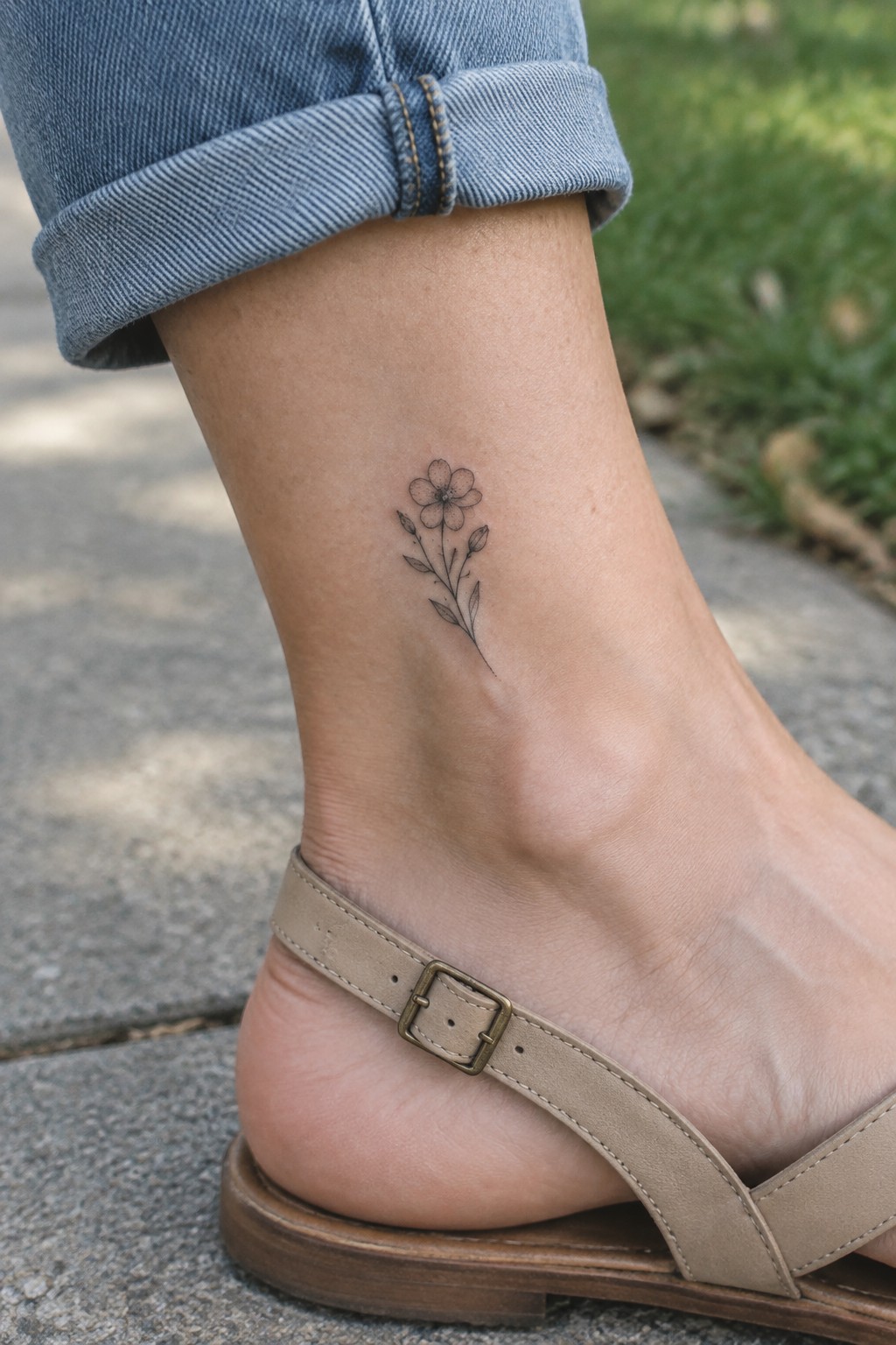 Fine line flower tattoo on a woman's ankle above a beige sandal strap.