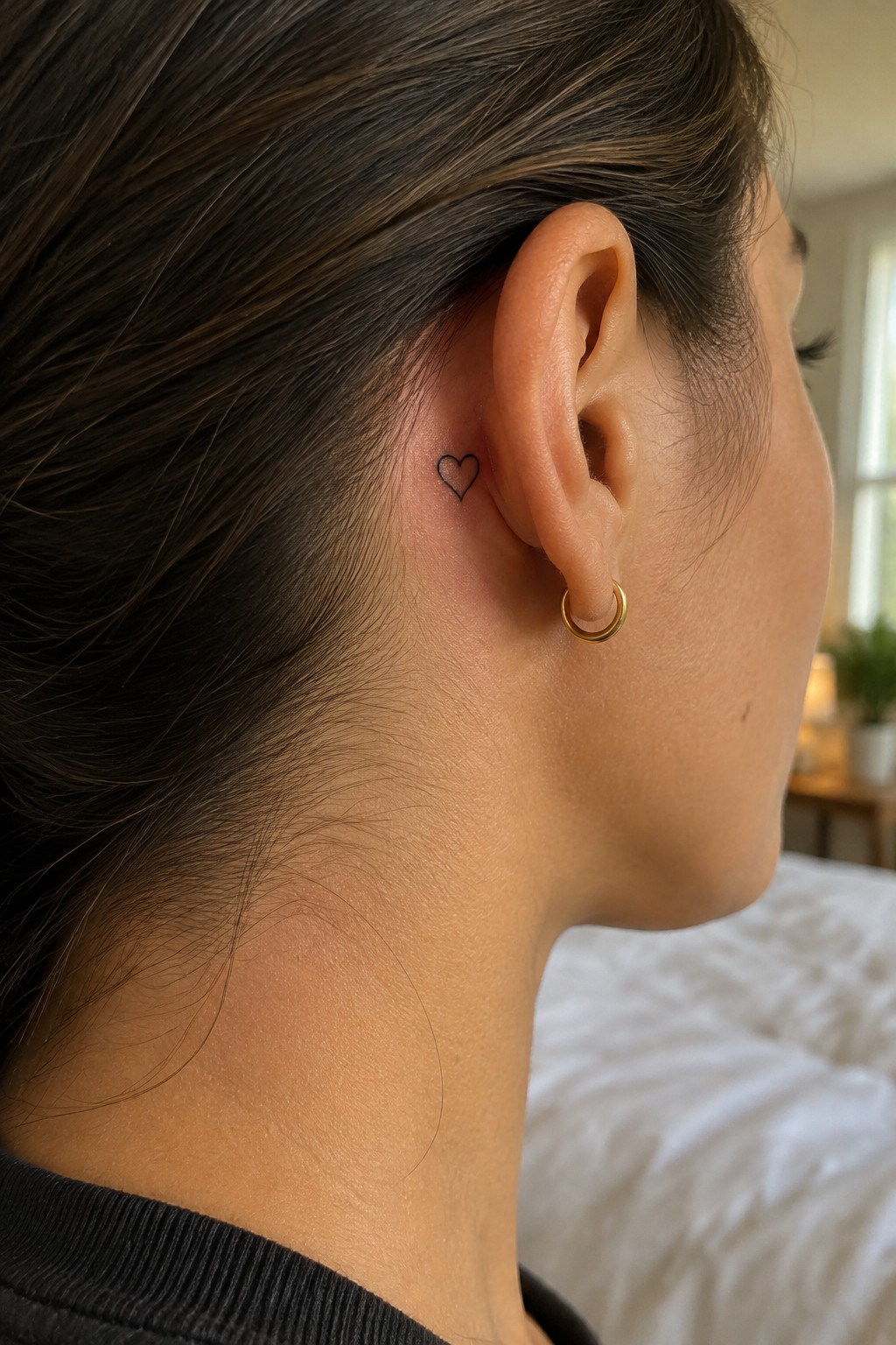 Small heart outline tattoo placed just behind the ear on a woman with dark hair.
