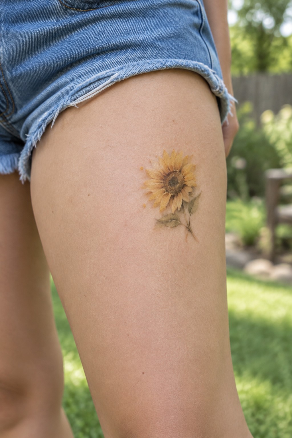Yellow sunflower tattoo on thigh under blue frayed denim shorts